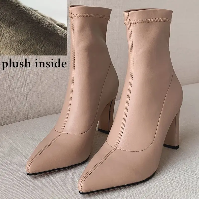 plush inside ALLBITEFO fashion sexy high heels night club party women boots 6 color ankle boots for women autumn girls boots ladies shoes - Цвет: plush inside