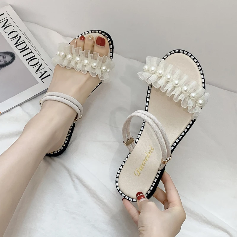 

Shoes Woman 2021 Slippers Soft Luxury Slides String Bead Flock Pantofle Lace Comfort Flat Designer Summer New Scandals PU Basic