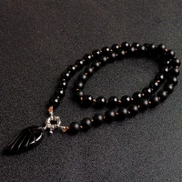 fashion black 8mm natural stone beads black agate wing pendant choker necklace