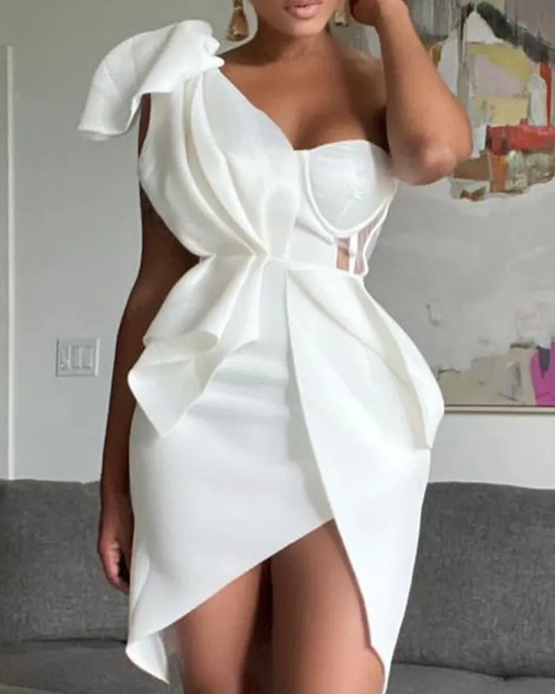 

MKD LUFI One Shoulder Ruffle Hem Contrast Mesh Slit Midi Dress Women Sexy Sleeveless Party Dress