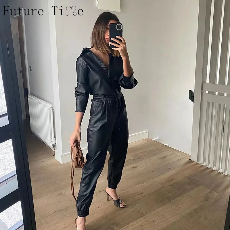 Женские брюки с высокой талией из искусственной кожи элегантные свободные