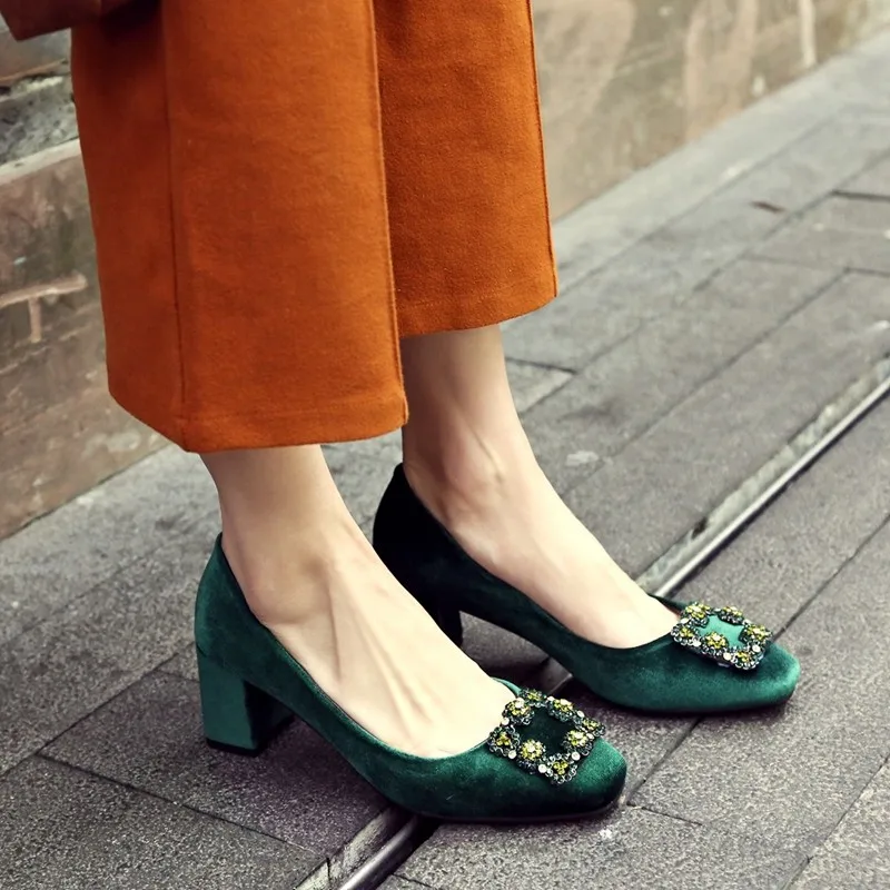 

Women Party High Heel Pumps Shoes New Arrival 2020 Velvet Rhinestone Buckle Block High Heels 6cm Slip On Dress Shoes Big Size 10