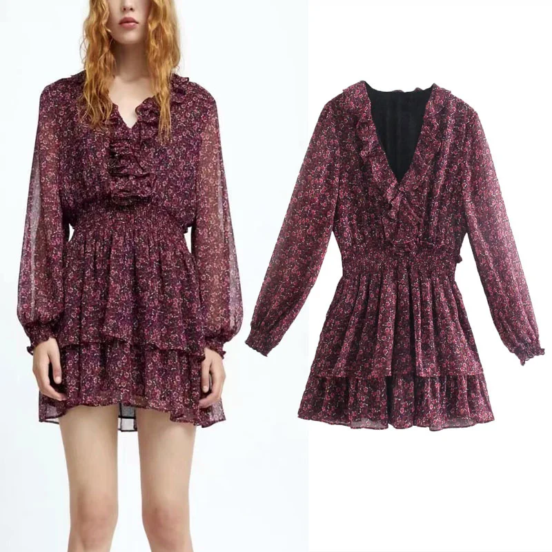 

ZA 2021 Printed Mini Dresses Women Chic Ruffle V-neck Long Puff Sleeve Dress Vintage Elastic Waist Flounced Hem Feminine Dress