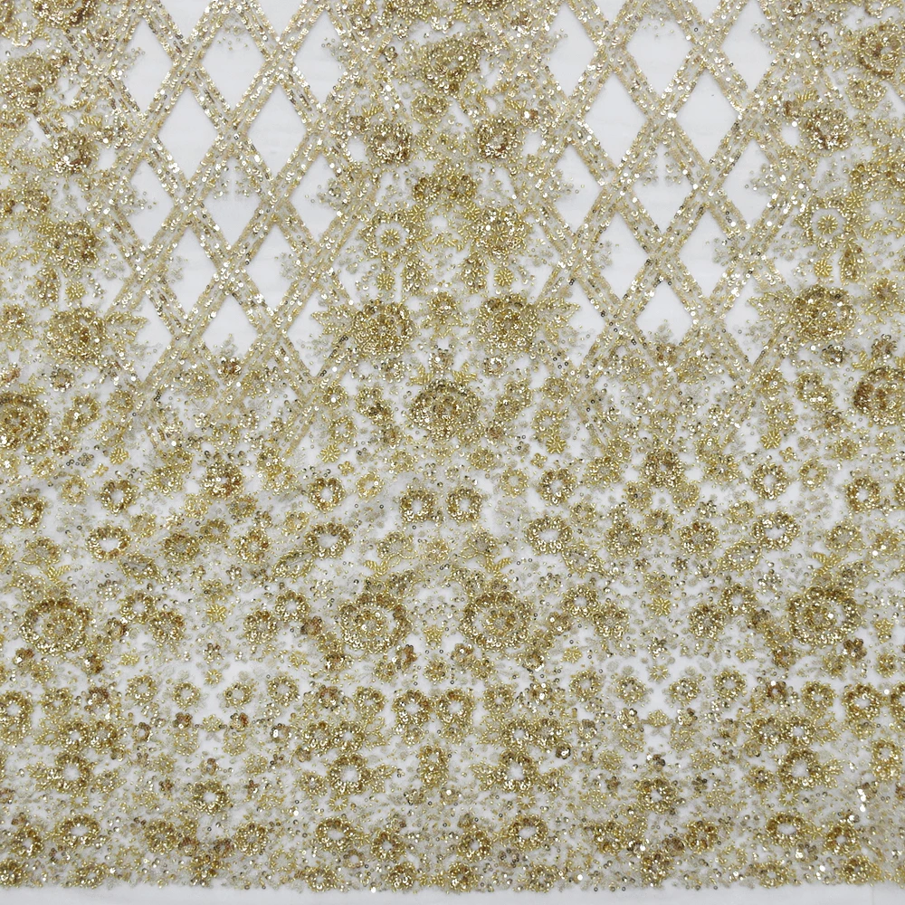 

Luxury Gold Embroidery Sequins Beaded Bridal Fabric Tulle Mesh Beading Lace for Nigerian Evening Gowns 5 Yards HY1448