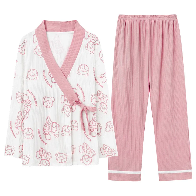 2021 Japanese Style Kimono Spring Autumn NewCotton  Ladies Thin Nightgown Women Bathrobe Robe Home wear Service Pajamas 2pieces