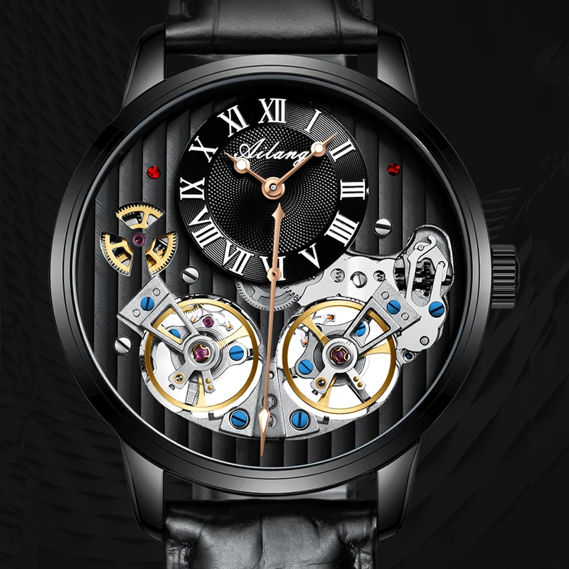 

Часы наручные мужские механические, Роскошные автоматические водонепроницаемые светящиеся чёрные с кожаным ремешком, с турбийоном