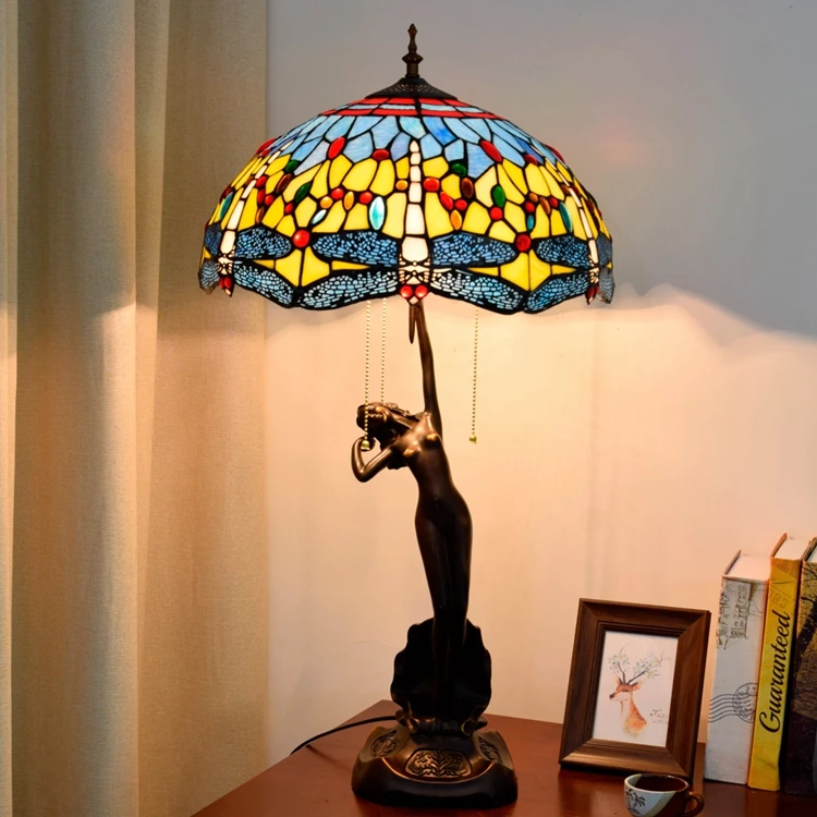 

16 inch yellow dragonfly hotel table lamp Tiffany's stained glass villa living room bar Goddess of girl creative LED desk lamps