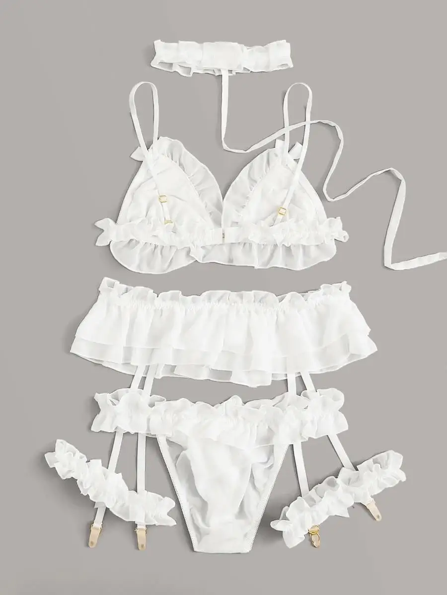 Ruffle Trim Garter Lingerie Set With Choker