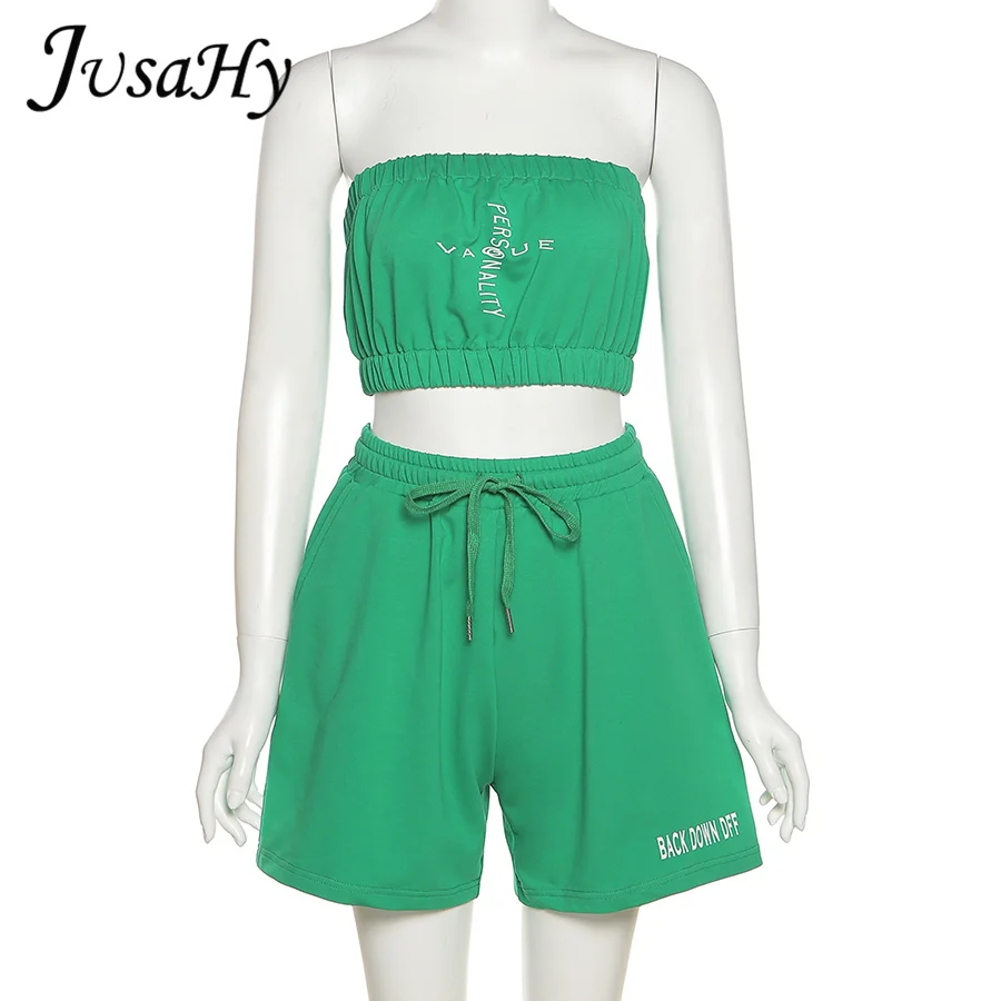 

JusaHy Summer Casual Green Two Pieces Sets New Strapless Crop Top And Drawstring Loose Short Sportwear Elastic Slim Clothes Hot