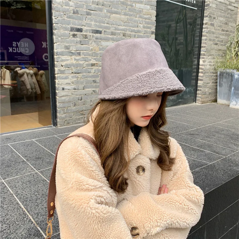 Suede stitched thickened warm double-sided Bucket Hat winter hats for Women Harajuku Plush Lrregular Fisherman Basin Cap