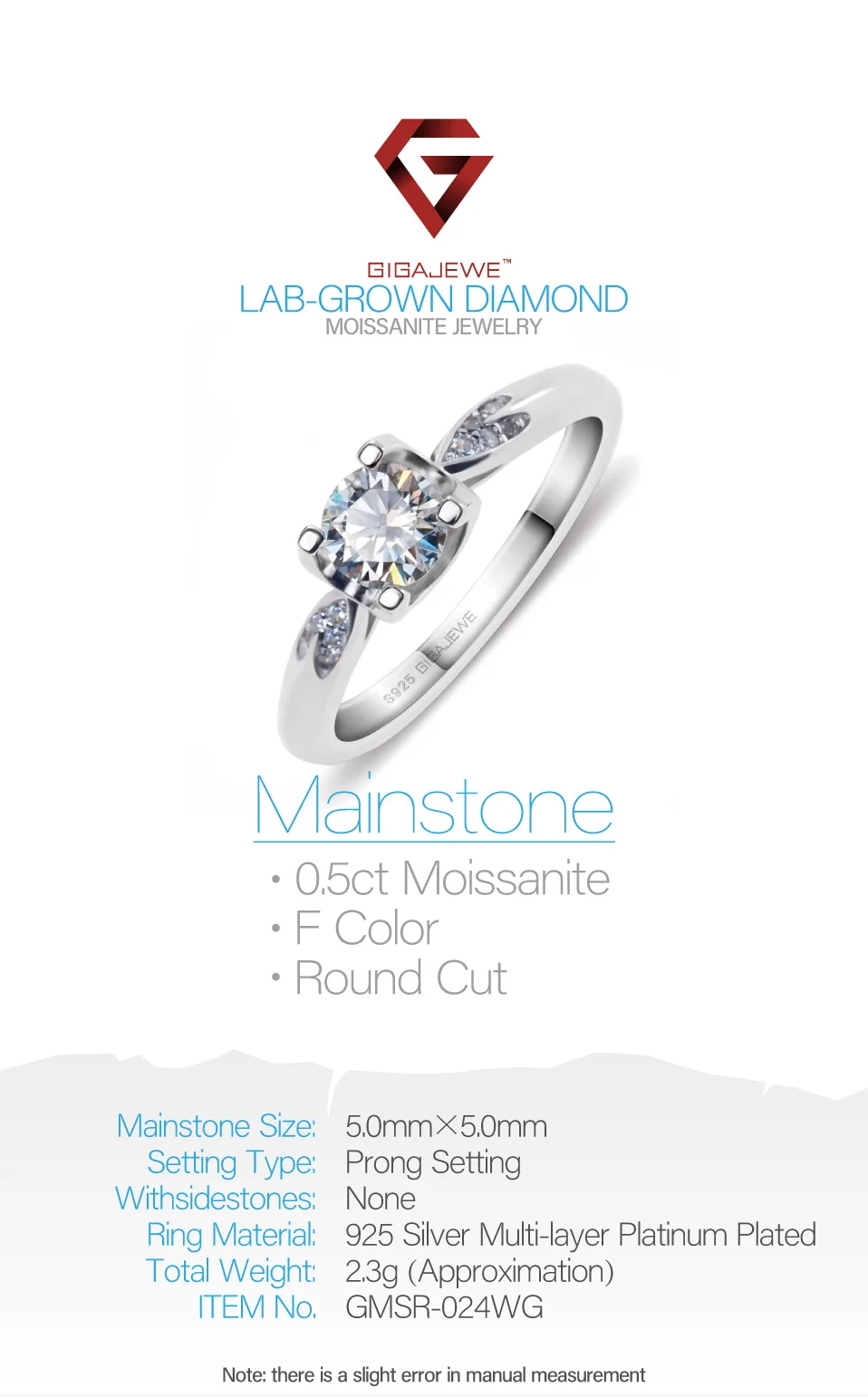 GIGAJEWE Moissanite кольцо 0.5ct VVS1 круглой огранки F цвет Лаборатория алмаз 925 серебряные ювелирные изделия символ любви женщина подружка Ухаживание подарок