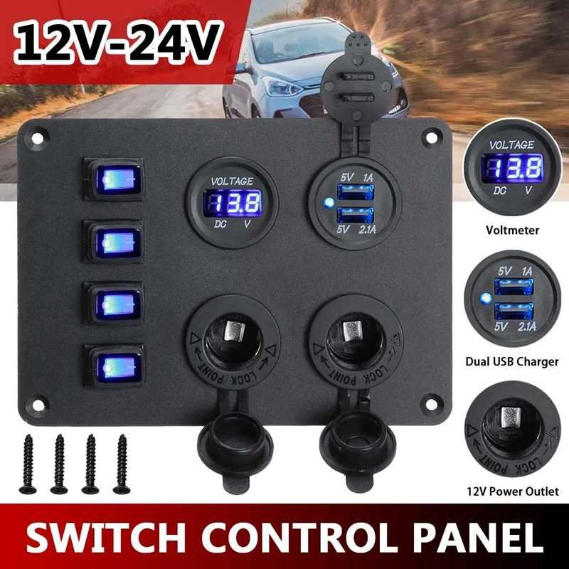 

12V-24V Boat Switch Panel Switch Panel Waterproof Digital Voltmeter Dual USB Port Combination Marine LED Rocker 4 Gang