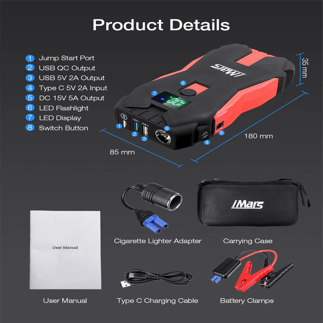 iMars Car Jump Starter Power Bank 20000mAh 1300A Booster Battery Charger Starting Device QC3.0 Portable Powerbank | Автомобили и