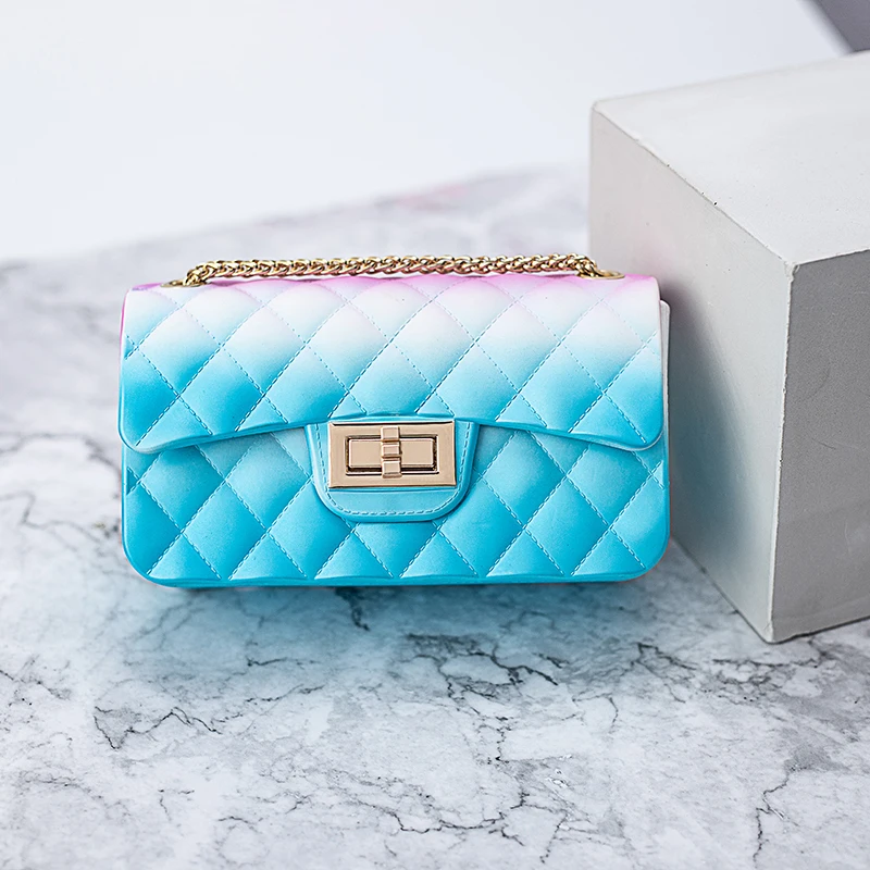 New Jelly Small Square Bag Clutch Purse Women's Bag Messenger Bag Gradient Rainbow Rhombic Chain Shoulder Crossbody Bag