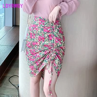 ldyrwqy 2021 summer korean edition of new vintage pleated slit sexy print hip wrap high waist skirt