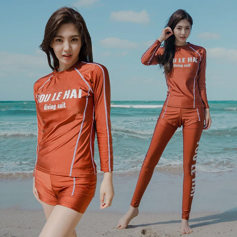 

2021 Summer Uv Proof Athletic Long Sleeve Swimsuit Rashguard Women Tight Slim Quick Dry Surfing Diving Suit 3 Piece Set Swimwear