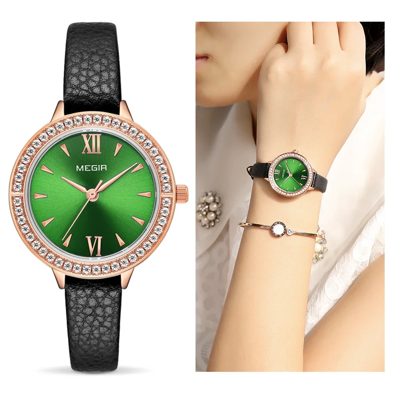 Женские наручные часы MEGIR роскошные с зеленым кожаным ремешком украшенные