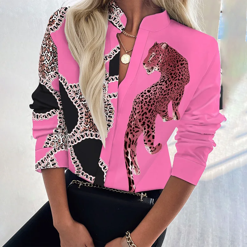 

Women Pink Animal Leopard Print Shirt Autumn Long Sleeve Round Collar Office Ladies Shirts Casual 2021 New Female Party Tops