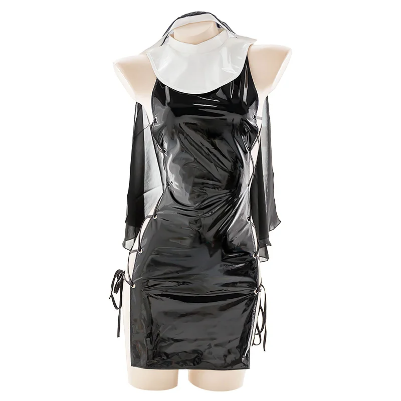 

Black Sexy Nun Patent Leather Hollow Side Bandage Thin Dress Underwear Suit Women's Japanese Sexy Lolita Girl Dress 3Pcs Set