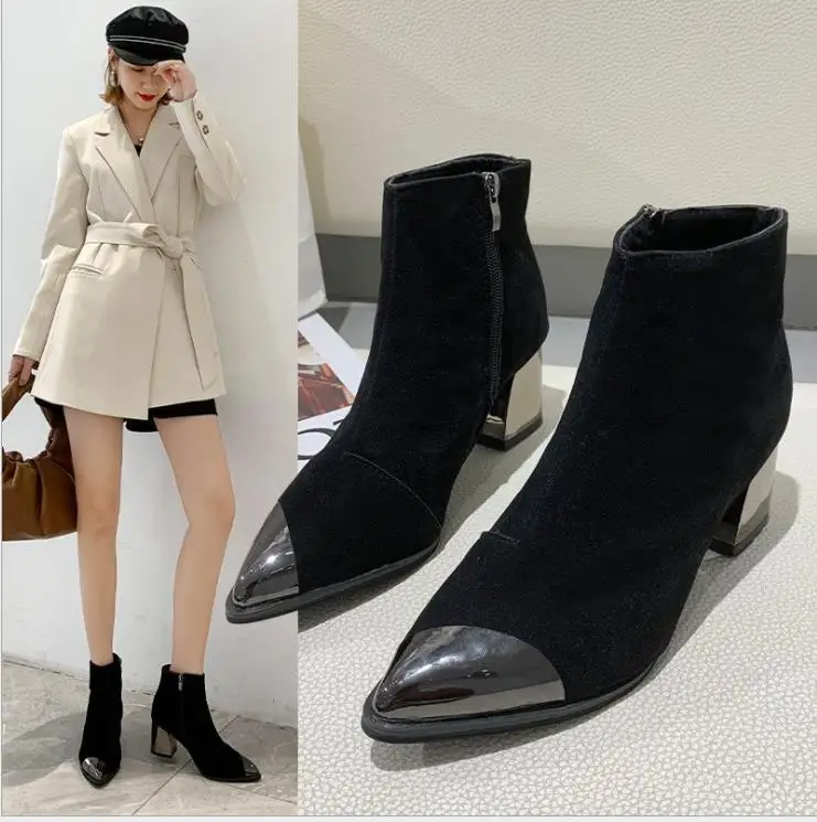 

2021 Square Heels Boots Women Winter Chelsea Boots Warm Shoes Pointed toe Sexy Ladies High Heels Boots Women's Ankle Botas A350