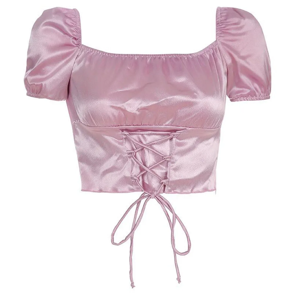 Женская атласная футболка с коротким рукавом Розовая бандажная и шнуровкой на