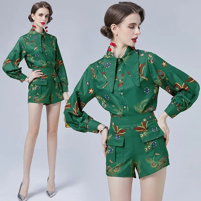 

Autumn Runway Women's Lantern Sleeve Lapel Collar Peacock Feather Floral Print Shirts + Pencil Green Shorts Two Piece Set 8618