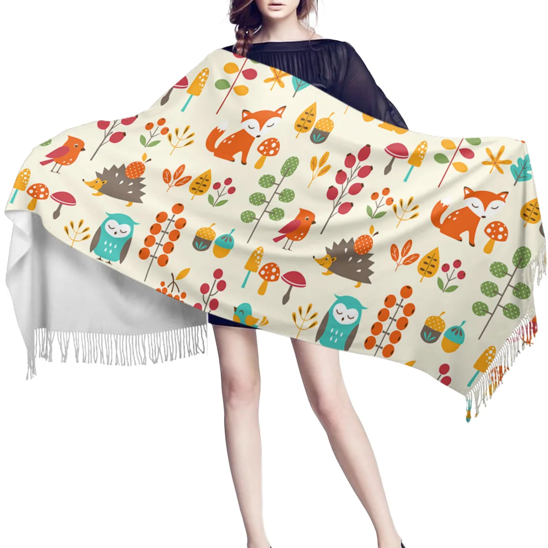 Милые женские кашемировые шарфы с рисунком ежика лисы и кисточками мягкие для