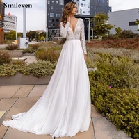 smileven chiffon lace bohemian wedding dress full deep v neck lace bridal gowns vestido de noiva 2020 backless wedding gowns