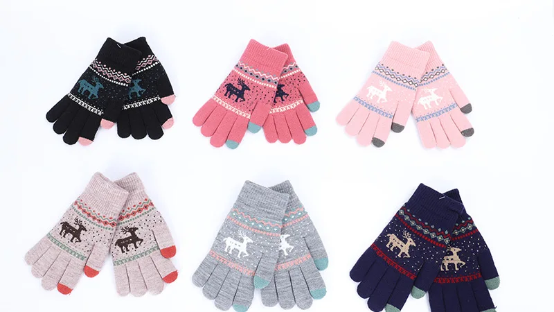 Winter Female Winter Vintage Deer Knitted Gloves Women Thicken Touch Screen Gloves Winter Warm Snow Elk Full Finger Mittens