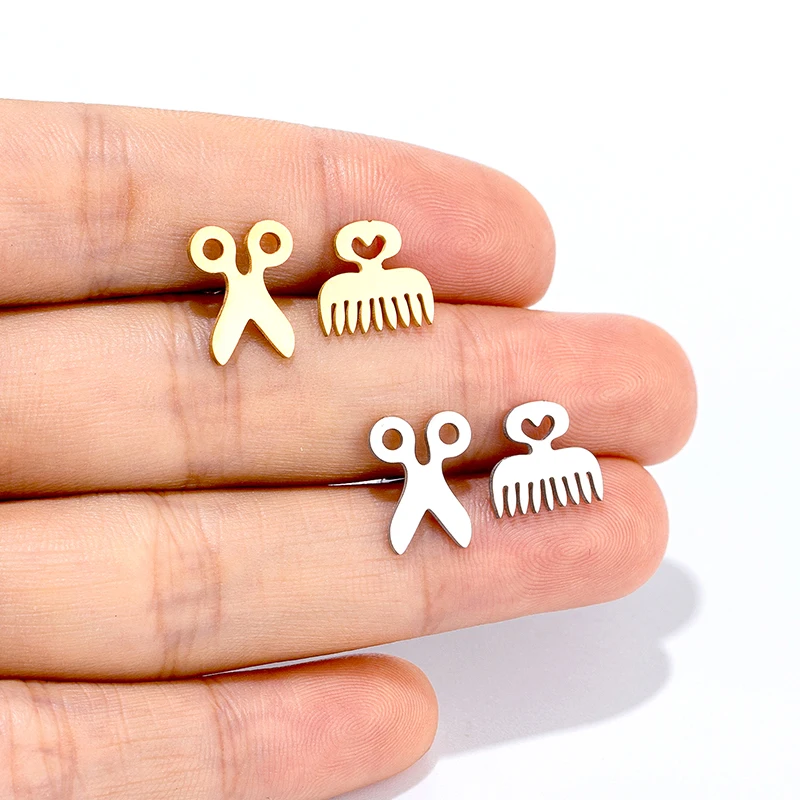 

Creative hairdressing tools stud earrings for women girls man Stainless steel Ear studs comb hearts scissors ear earring jewelry
