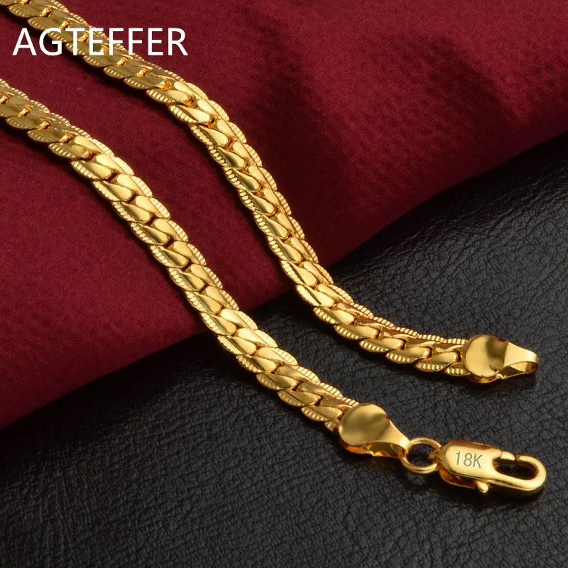 

AGTEFFER New 925 Sterling Silver Necklace 18k Gold 6mm Full Side Chain Necklace Ladies Men's Fashion Jewelry Gifts