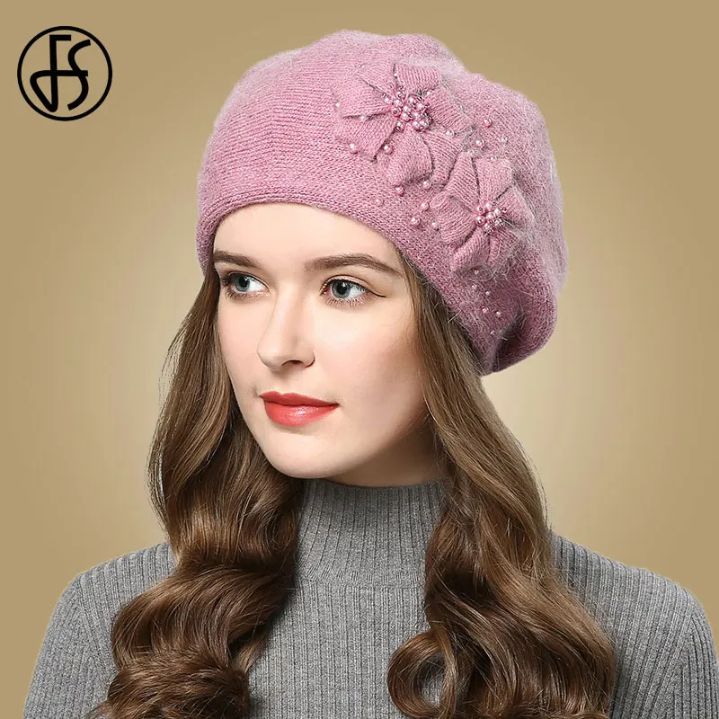 FS зимние розовые шапки берет для женщин со стразами и кроличьими цветами женские