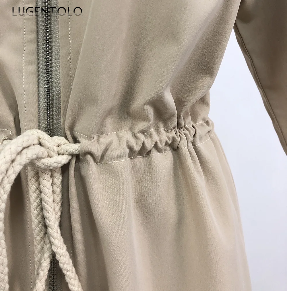 

Lugentolo Women Autumn Winter Trench Long Sleeve New Coat Zipper Slim Fit Adjustable Waist Lady Casual Fashion Long Coat