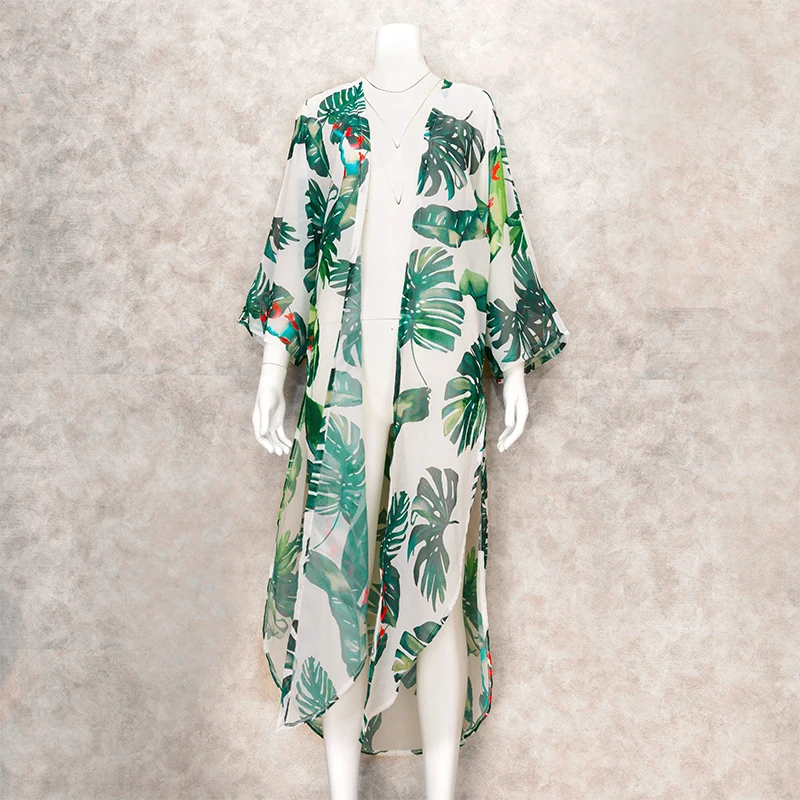 2021 Boho Leaves Print Chiffon Blouse Plus Size Long Kimono Dress Women Summer Tops Half Sleeve Top Women Ins Style Shirts A791