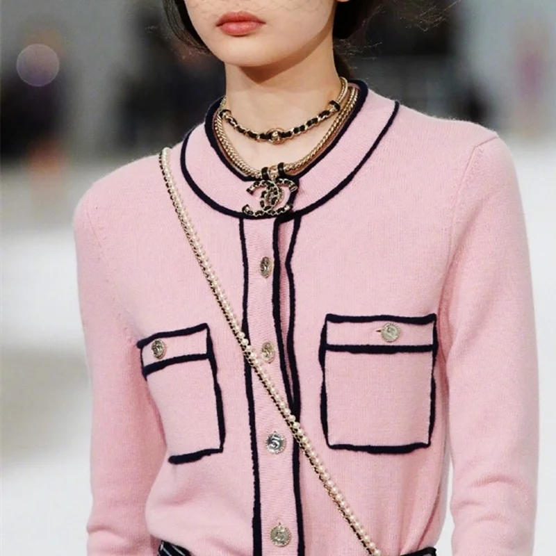 

Pink Stripe round neck knitted cardigan, women, designer boutique sweater, luxury, retro, elegant, spring and autumn, 2021