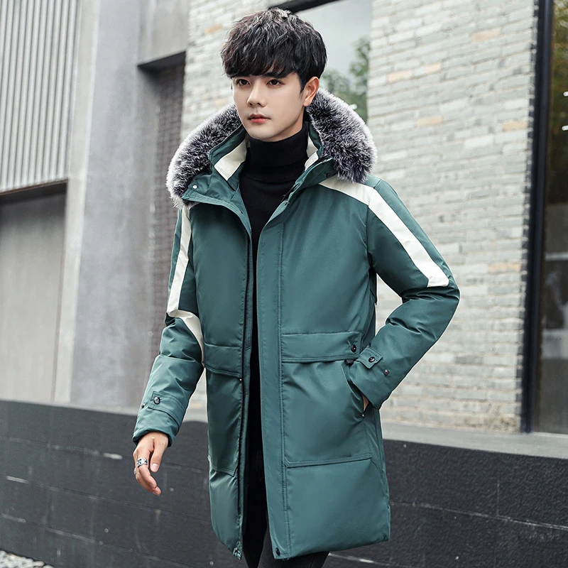 2021 Winter Big fur collar hooded young men's fashion trend white duck down down jacket for cold temperature long warm coat