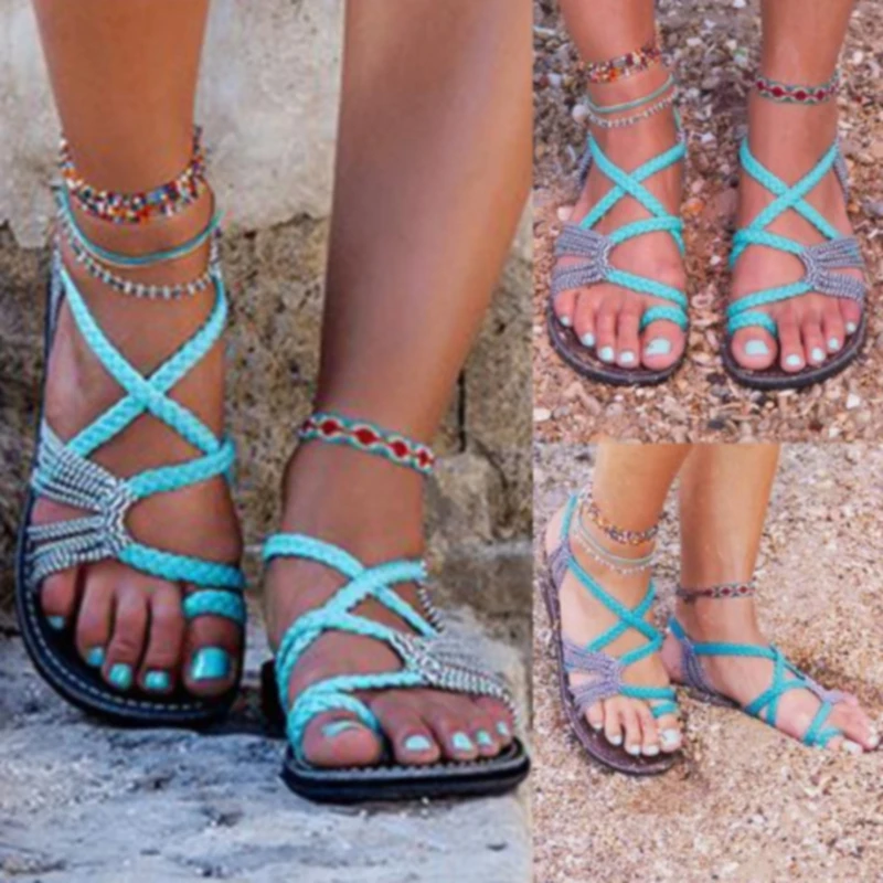 

2022 Roman Summer Sandals Explosion Color Matching Rope Knot Beach Toe Sandals Women Plus Size 35-43
