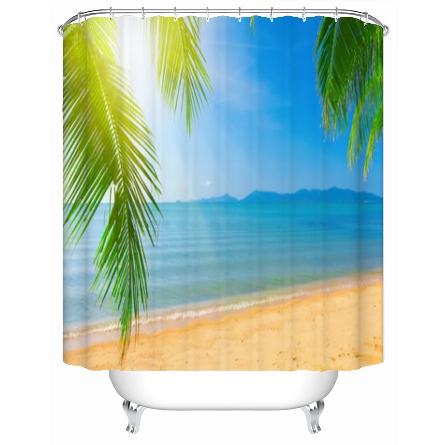 

Sunny Beach Summer Shower Curtain Palm Tree Curtain Bathroom Polyester Fabric Decoration Sunlight Curtain With Hooks Waterproof