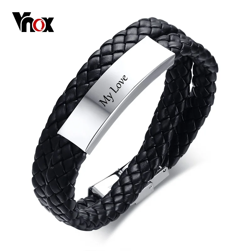 

Vnox 11mm Free Engraving ID Bracelet for Women Double Circle Braided Leather Identification Bangle Casual Female Jewelry
