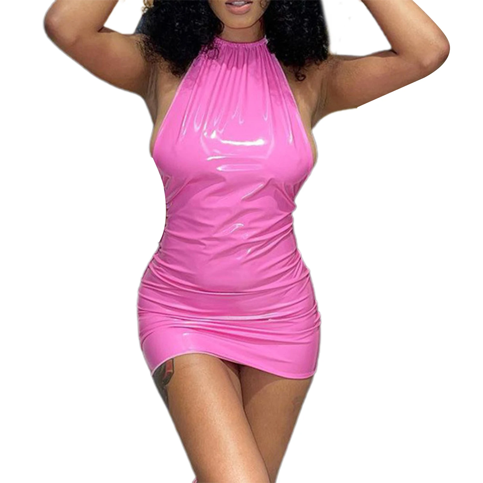 

Женское платье из ПУ кожи, с лямкой на шее