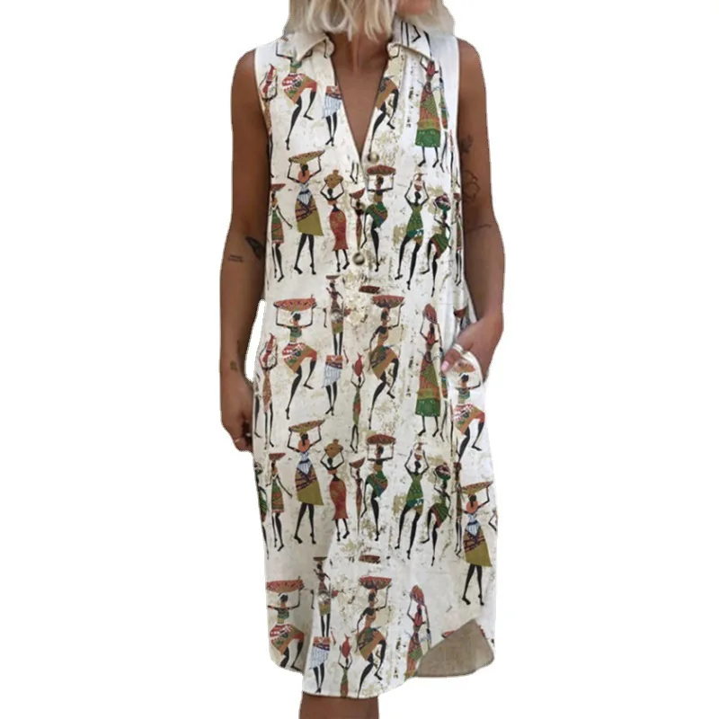 

Oversize Women's Fashion Summer Loose Dresses Sleeveless V-Neck Printed Pullover Plus Size Dress Female