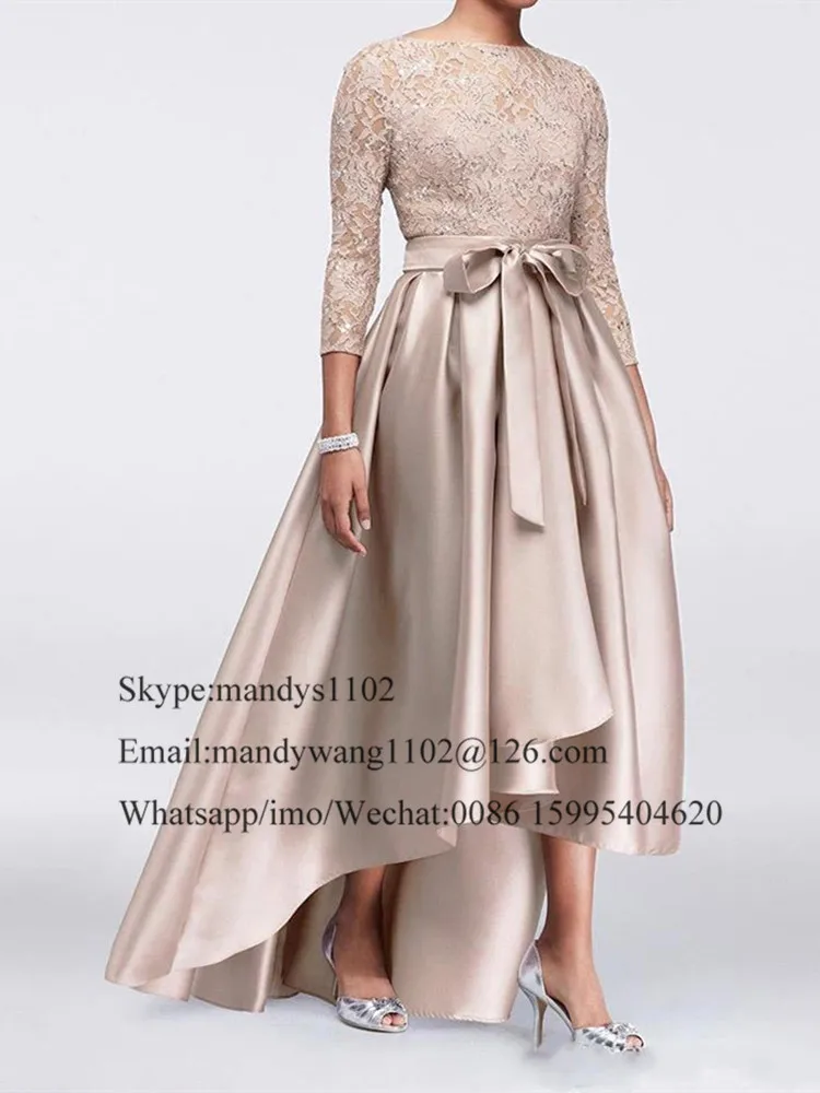 Длинное кружевное платье цвета шампанского для матери невесты с поясом размера