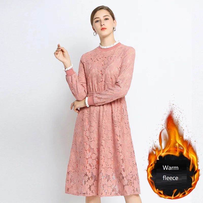 Женское кружевное платье миди размера плюс теплое флисовое элегантное А силуэта