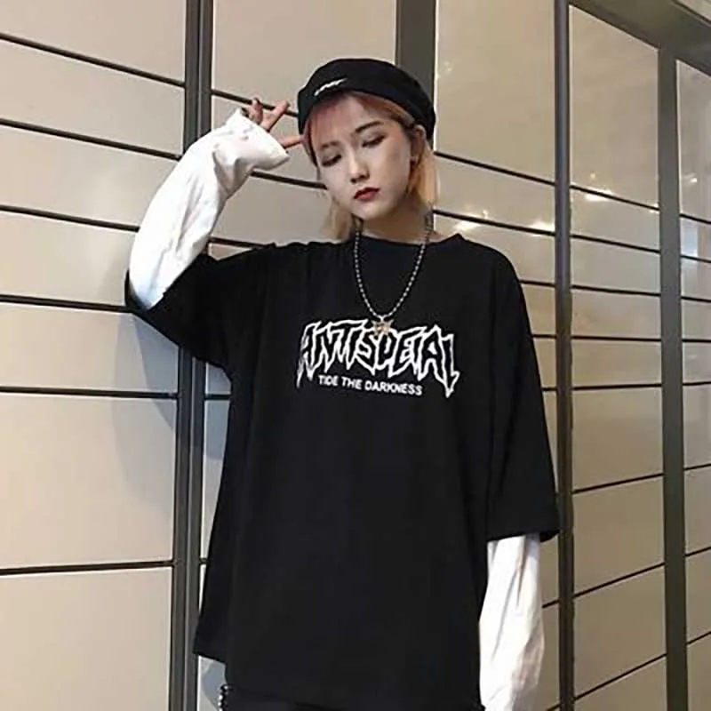 NiceMix Harajuku футболка женская поддельная 2 шт. принт японский Fujiang Ужасы комиксы длинный рукав рубашка Женская Vetement Femme