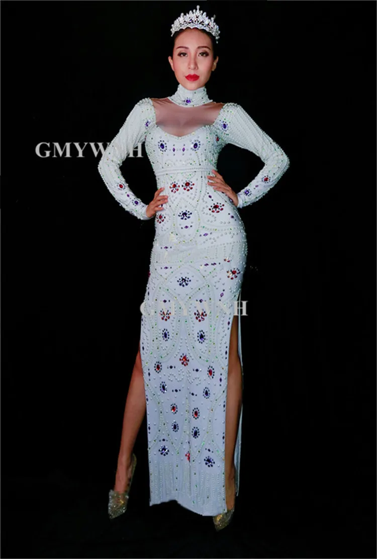 X38 певица выполнять Стразы длинное платье белый жемчуг один кусок наряды Красный