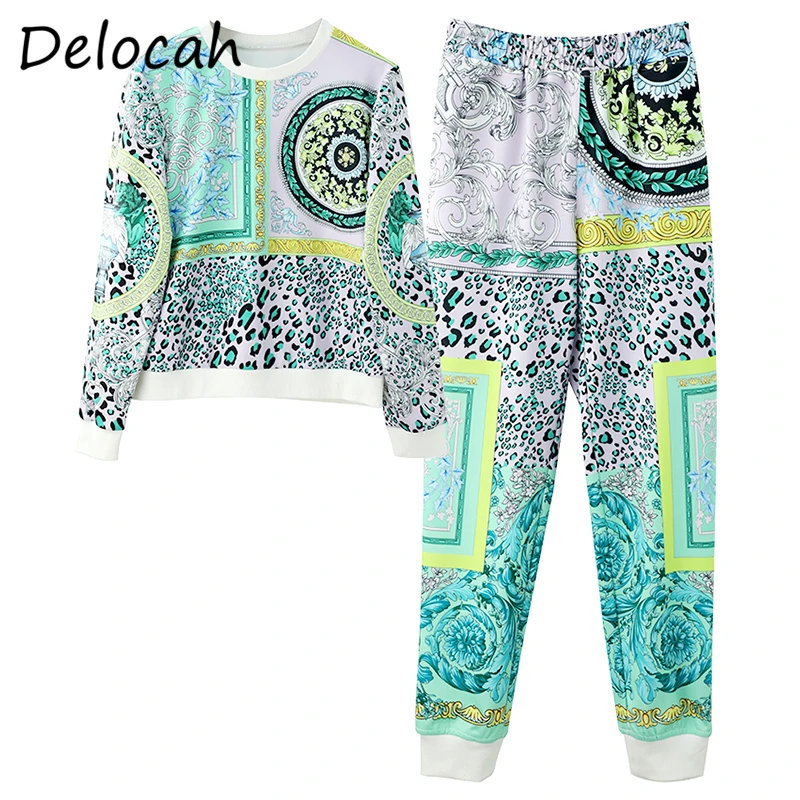 

Delocah Women Summer Fashion DesignerPants Set Long Sleeve Loose Tops + High Waist Printed Ladies Long Pants 2 TwoPiecesSuits