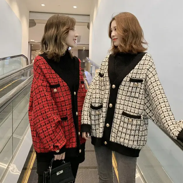 

Women Sweater Jacket 2020 Oversized Knitted Cardigans Loose Plaid Jumpers Korean Clothing G1889 Robe Long Coat sueter feminino