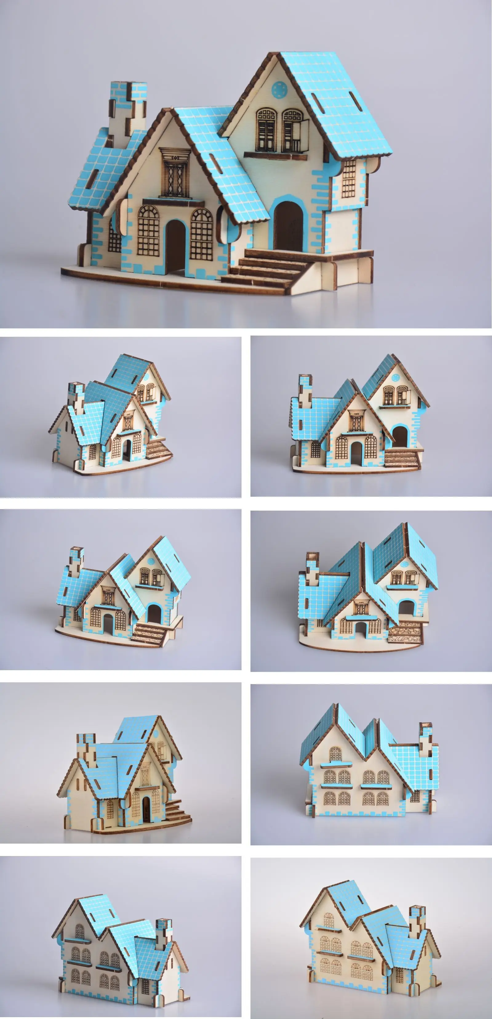 Сборочный Набор DIY строительные 3D деревянные игрушки Голубой домик кукольный домик головоломка мини деревянные модели игрушки для детей