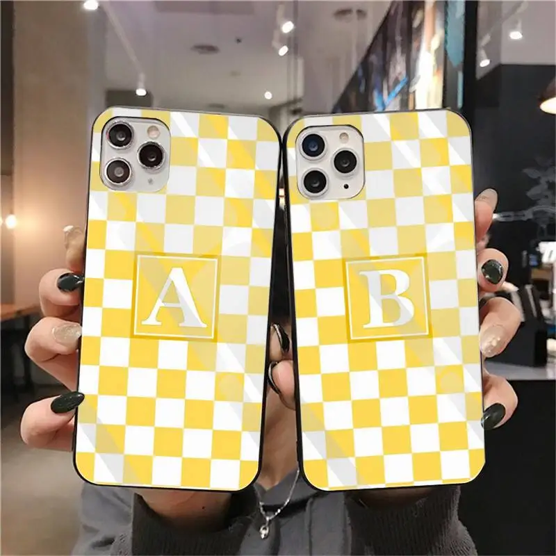 

Yellow White Checkerboard name Letter Pattern Monogram Phone Case Tempered Glass For iPhone 11 Pro XR XS MAX 8 X 7 6S 6 Plus SE