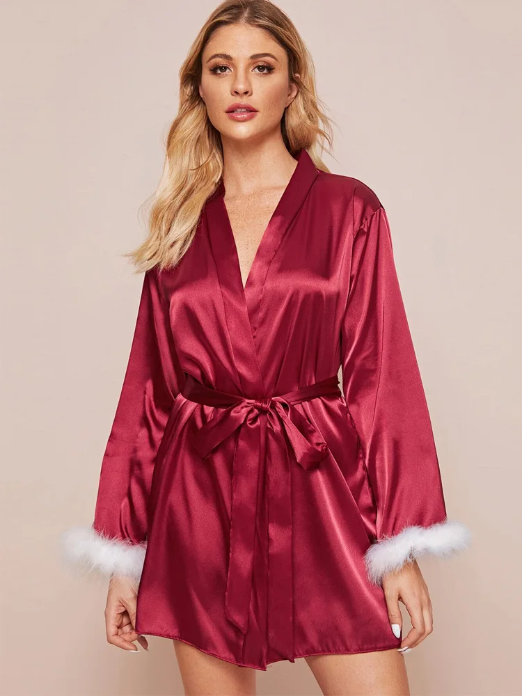 Satin Feather Night Gown Ladies Bathrobe Pink Belted Kimono Gorgeous Bride Bridesmaid Wedding Robes | Женская одежда